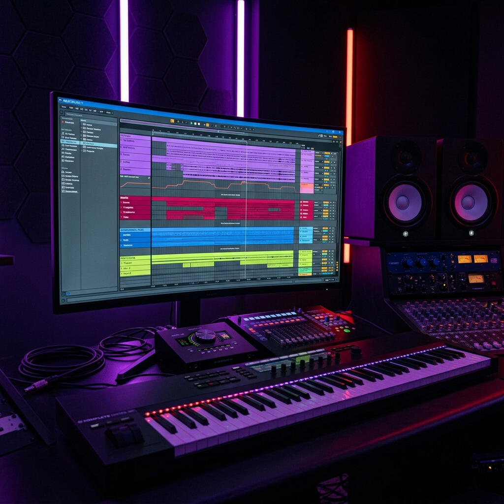Сесия в Ableton Live на монитор, под него MIDI клавиатура